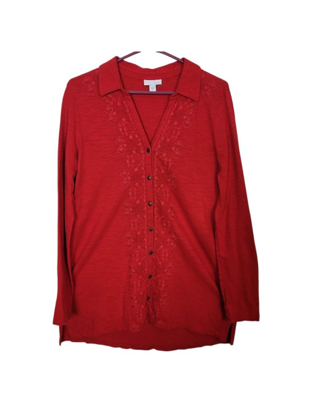 J. Jill Embroidered Red On Red Slub Knit Cotton Button Down Tunic Top Small